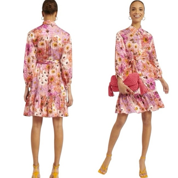 Rachel Parcell Pink Floral Shirt Dress Belted Tiered Ruffle Hem Long Sleeve 6 - Picture 2 of 16